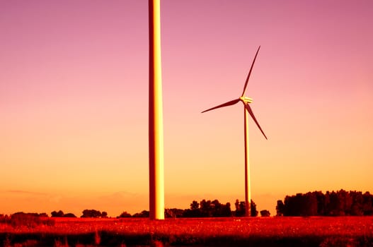 An image of windturbines at dusk