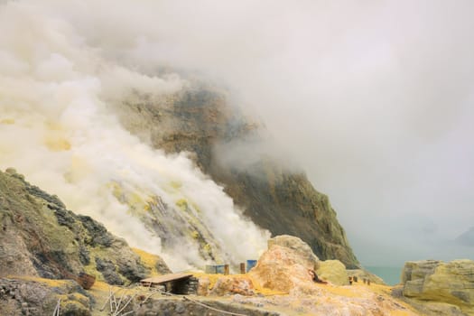 Landscape of Sulfur Mine at Khawa Ijen Volcano Crater Java Island Indonesia