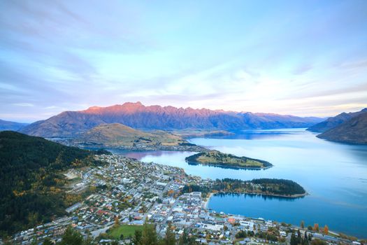 Aerial Cityscape View of Queenstown New Zealand Sunset