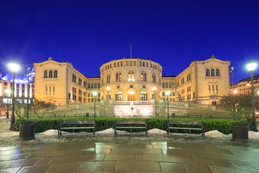 Oslo Stortinget Parliament at dusk Norway