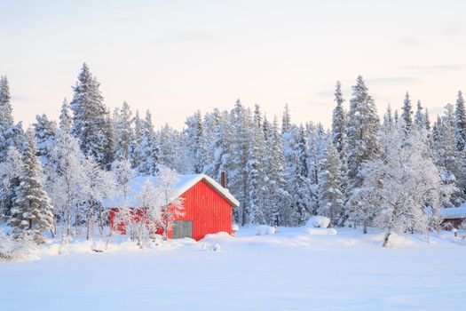 Winter landscape with house at Kiruna Sweden lapland