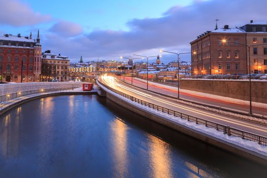 Gamla Stan Highway to Stockholm Cityscape at dusk Sweden