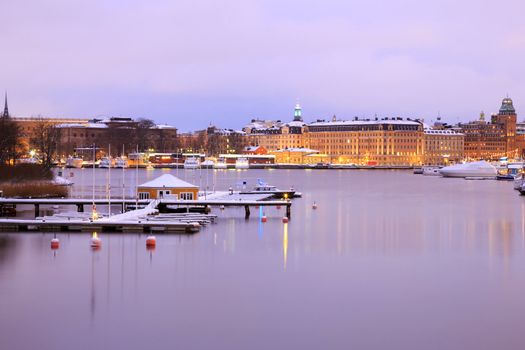 Cityscape of Stockholm Skyline and lake at dusk Sweden