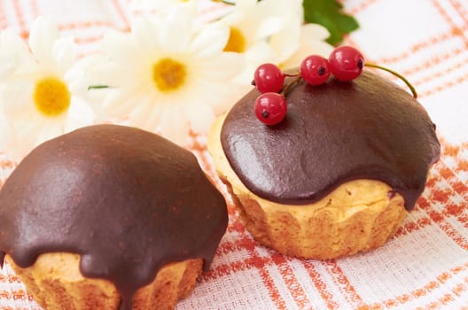 Cakes  covered with chocolate glaze and decorated with berries