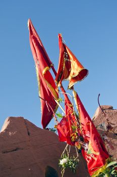 Shiva temple red flags in Rajasthan city Jodhpur, India