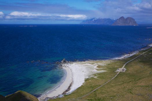 Birds eye view of scenic sandy beach on Lofoten islands in arctic Norway