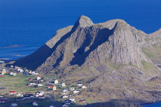Aerial view of picturesque town Sorland on Lofoten islands in Norway