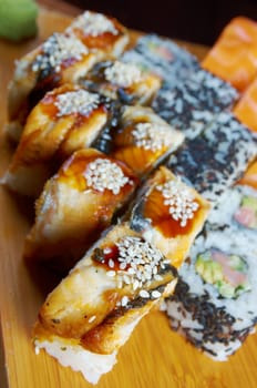 Japanese sushi maki . traditional japanese food.Roll made of Smoked eel