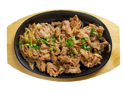 .Chinese dish -pork  with vegetables close-up .isolated on white background. clipping Path 