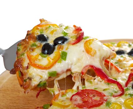 home pizza with tomato and eggplant  Closeup .taking slice of pizza,melted cheese dripping.isolated on white background. clipping Path 