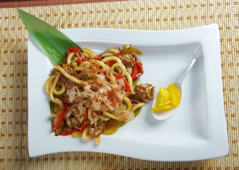 Japanese cuisine .udon with meat and vegetables