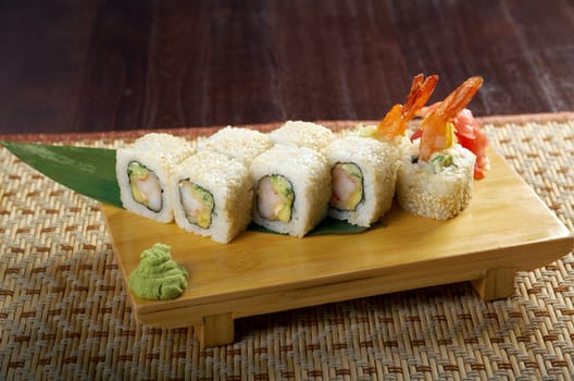 Japanese sushi  traditional japanese food.Roll made of Smoked fish  and sesam