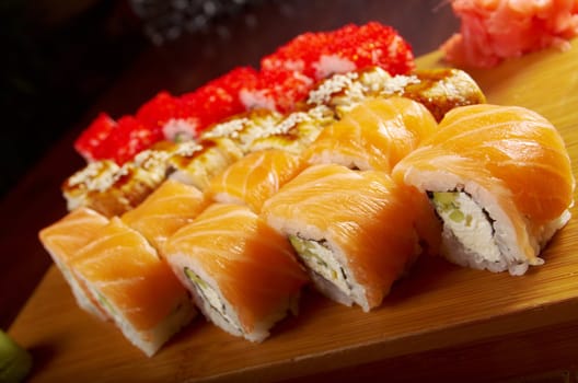 Japanese sushi  traditional japanese food.Roll made of salmon