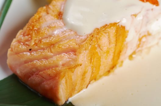 Salmon  with potato .cream sauce.Shallow depth-of-field