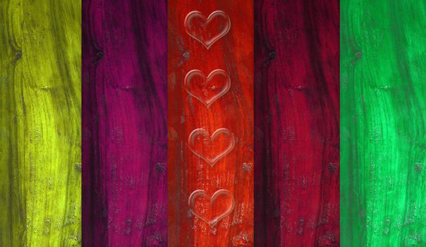 Colorful wooden slats background and transparent hearts