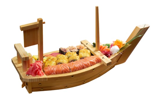 Assorted sushi Japanese food on the ship   traditional japanese food..isolated on white background. clipping Path 