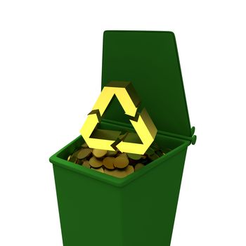 Coins in recycling container, business concept illustration