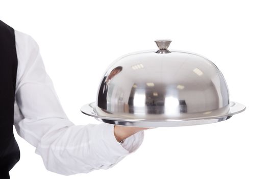 Portrait of a butler with bow tie and tray. Isolated on white