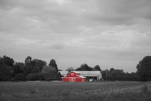 A rural landscape with a farm building in red in the midst of a black and white farmer's field