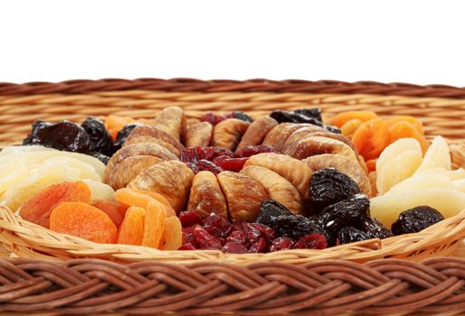 close up of various dried exotic fruits in wicker basket
