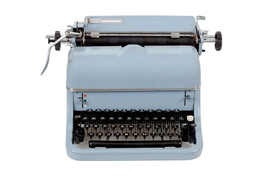 retro blue typewriter on white background