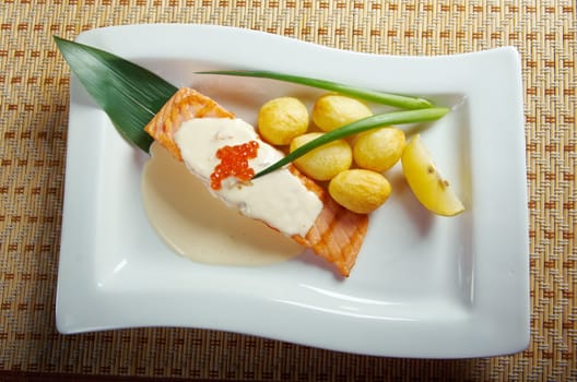Salmon  with potato .cream sauce.Shallow depth-of-field