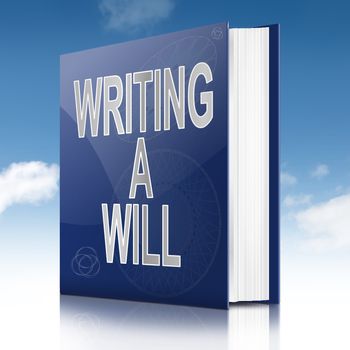 Illustration depicting a book with a writing a will concept title. Sky background.