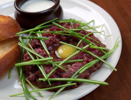 meat mincemeat with egg and crouton