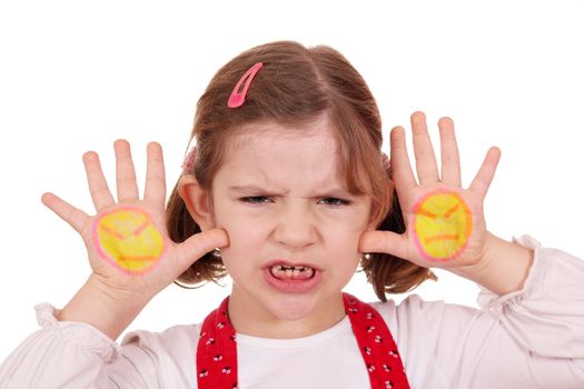 angry little girl with angry smiley on hands