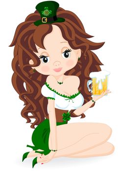 brunette girl with beer on St. Patrick's Day