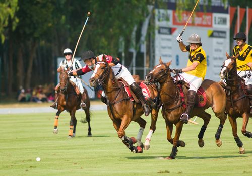 PATTAYA - JANUARY 19: Players fighting for the ball during the bronze final between Ranhil and Royal Pahang at Thai Polo Open on January 19, 2013 in Pattaya, Thailand.