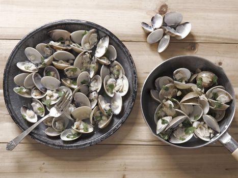 close up of a plate of white clams in white wine sauce