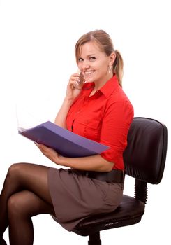 This is a session within the business concept. Woman with the documents on the phone
