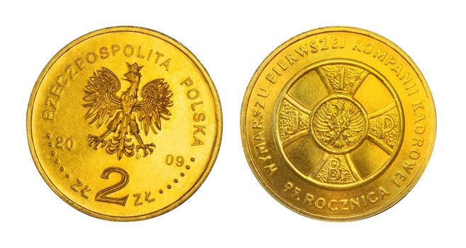 Anniversary two zloties coin. Isolated on white with path.