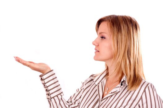 Beautiful woman showing something on the palm of her hand