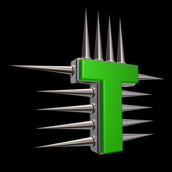 letter t with metal prickles on black background - 3d illustration