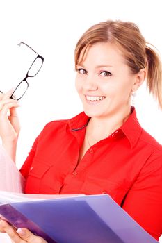 Portrait of a beautiful young business woman holding a folder, considering options
