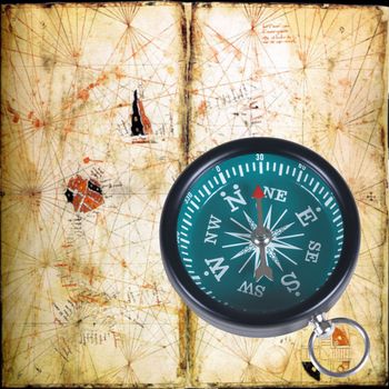 Ancient compass for the travellers on a yellow background
