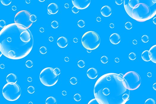 The soap bubbles fly on a blue background