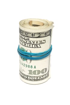 Roll of the dollars which have been tied up by a dark blue tape