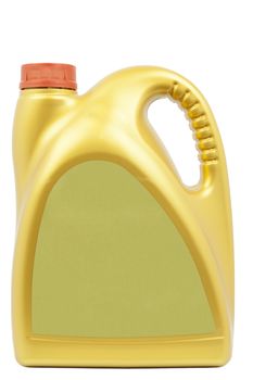 Engine oil can of gold color on a white background