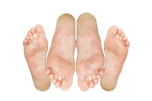 Sex. The man and woman. Caucasian feet. Isolated over white background