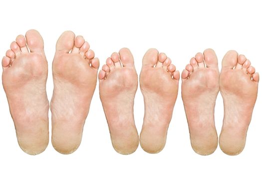 The large and small feet. Caucasian feet. Isolated over white background