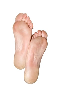 The large feet. Caucasian feet. Isolated over white background