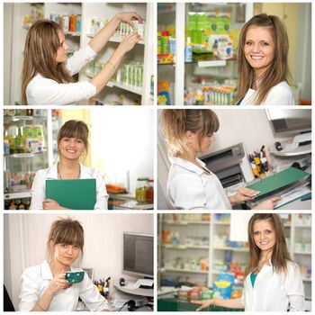 Collage. Chemist woman standing in pharmacy drugstore. A female portrait
