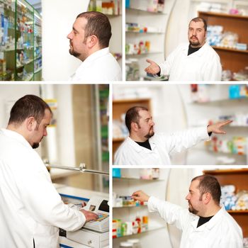 Portrait of a male pharmacist at pharmacy. Collage