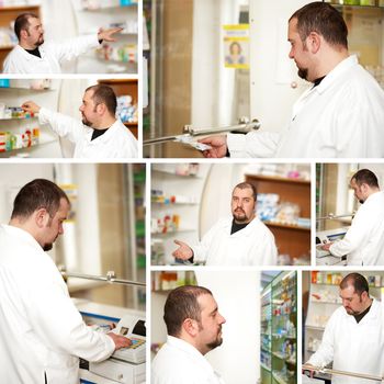 Collage. Portrait of a male pharmacist at pharmacy
