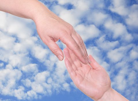 Two palms incorporate together on a background of the blue sky