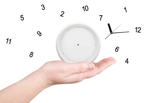 The broken clock on a palm on a white background