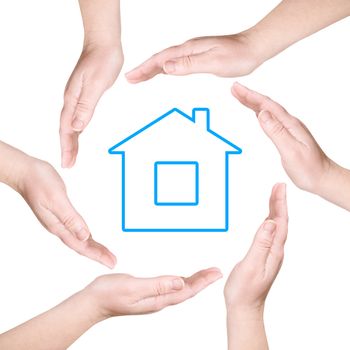 Palms around of houses on a white background